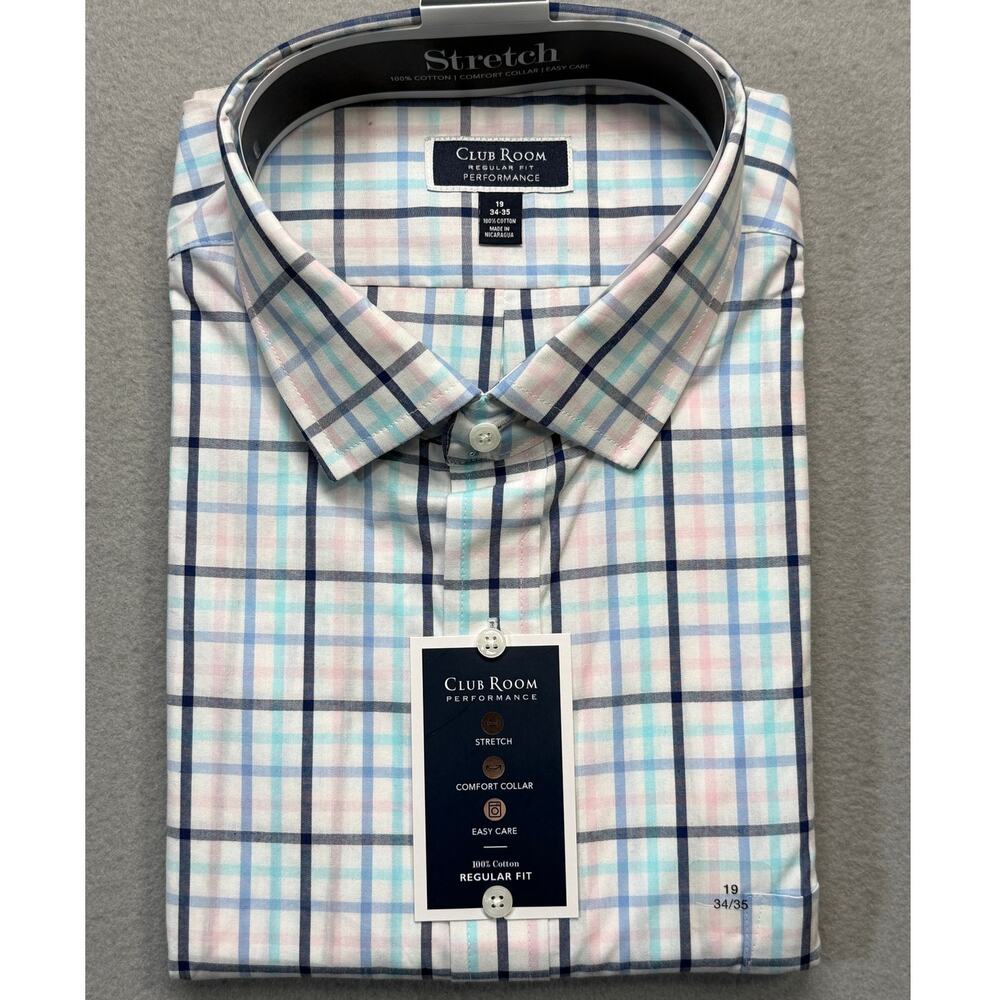 Club Room Men's Regular Fit Plaid Dress Shirt pink/turquoise 19 34-35 $60